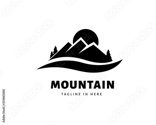 Landscape mountain sun lake logo design inspiration