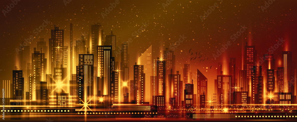Night City Skyline. Illustration with architecture, skyscrapers, megapolis, buildings, downtown.