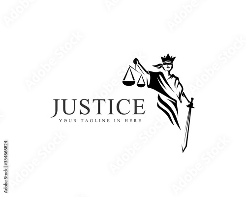 Women blindfolded take scale and sword lawyer logo design inspiration