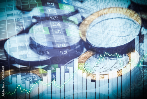 abstract concept image of financial district buildings, data valuation, stock exchange numbers, positive growth trend chart, and brazilian real coins