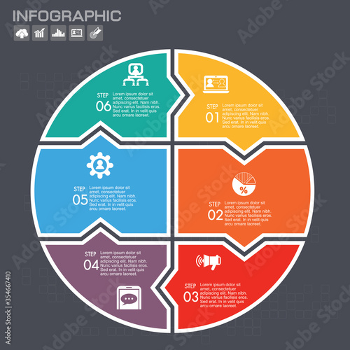 Vector circle puzzle pieces template for infographic. Business concept with 6 options. Eps 10. Can be used for diagram, banner, number options, workflow layout, step up options, web design etc.