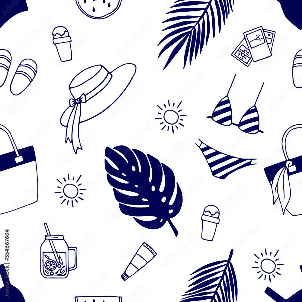 Seamless summer pattern with hand drawn elements. Doodle illustration for cards, posters, textile and other design. - obrazy, fototapety, plakaty 