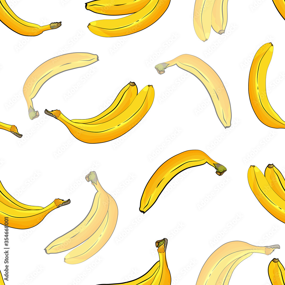Fruit seamless pattern with yellow bananas on white background. Hand drawn. For wrapping paper, kitchen design. Cartoon stile. Vector stock illustration.
