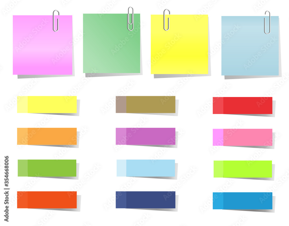 Colorful sticker memo notepads attached with metal paper clips. Isolated on white background. Vector Illustration. Idea for stationery business concept. Colorful sticker memo notepads attached with metal paper clips. Isolated on white background. Vector Illustration. Idea for stationery business concept.