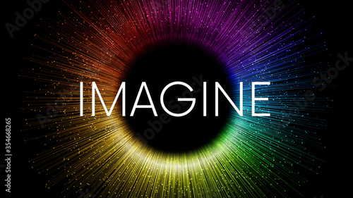 IMAGINE word written on black background with colorful rainbow streaks and glowing sparkling particles