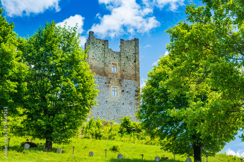 Croatia, region of Lika, beautiful green countryside landscape and Brinje castle ruins
 photo