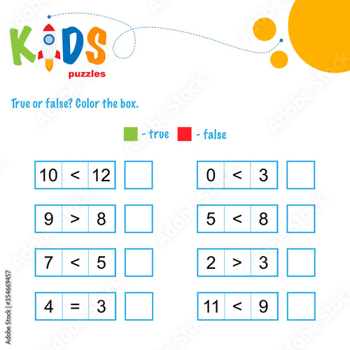 True or false math worksheet. Comparing numbers worksheet. Easy worksheet, for children in preschool, elementary and middle school.