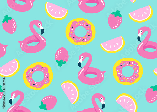 Summer pool floating with flamingo. Seamless pattern. Vector