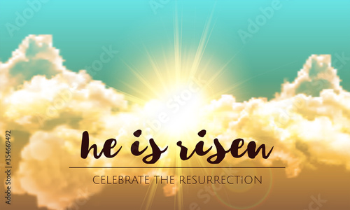 He is risen. Easter banner background with clouds and sun rise. Vector illustration