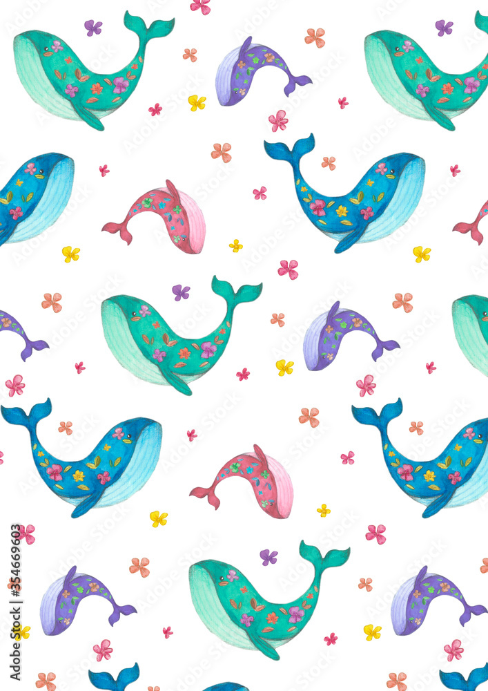 seamless pattern with watercolor whales on white background
