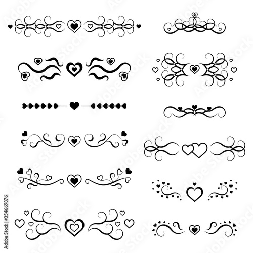 Decorative page divider. Isolated vector icons set on white background. Holiday elements for romantic purposes. Hearts. Valentine's Day. Original scroll elements. Borders