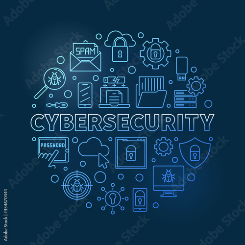 Vector Cybersecurity round concept thin line blue modern illustration on dark background