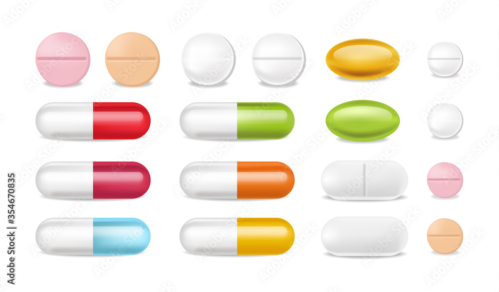 Pills vector realistic. Advertise banner medical pile of different medicine 3d illustrations Pills vector realistic. Advertise banner medical pile of different medicine 3d illustrations