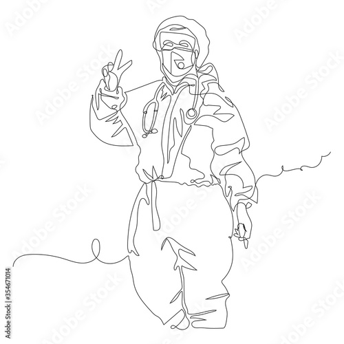Women doctor wearing protective suit for corona virus or Hazmat suit, face shield, gloves, mask, stethoscope.-one line art
