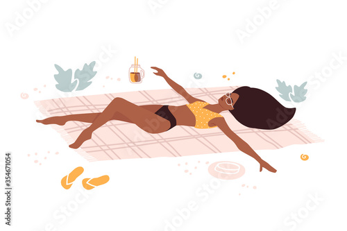 Girl relaxing and sunbathing in grass  summer time. Top view of young woman in swimwear with sunglasses lying on beach cover. Tredny flat vector illustration.