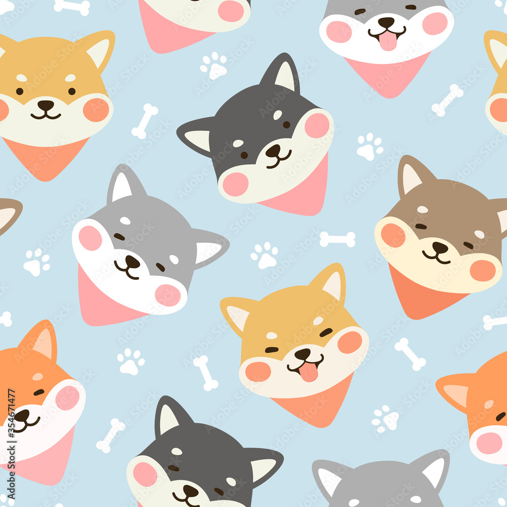 Dog Seamless Pattern Background, Happy shiba inu with dog paw and bone, Cartoon Shiba Dog Vector illustration, scandinavian wallpaper background