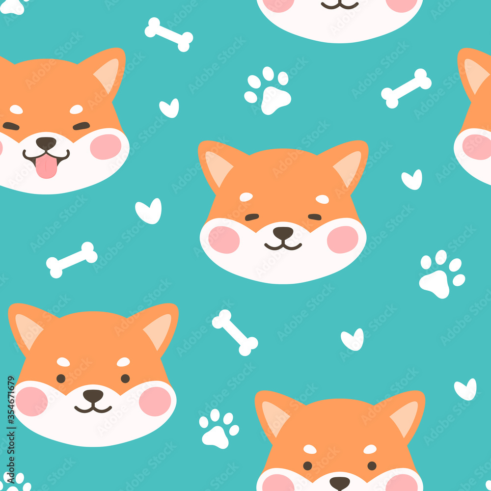 Dog Seamless Pattern Background, Happy shiba inu with dog paw and bone, Cartoon Shiba Dog Vector illustration, scandinavian wallpaper background