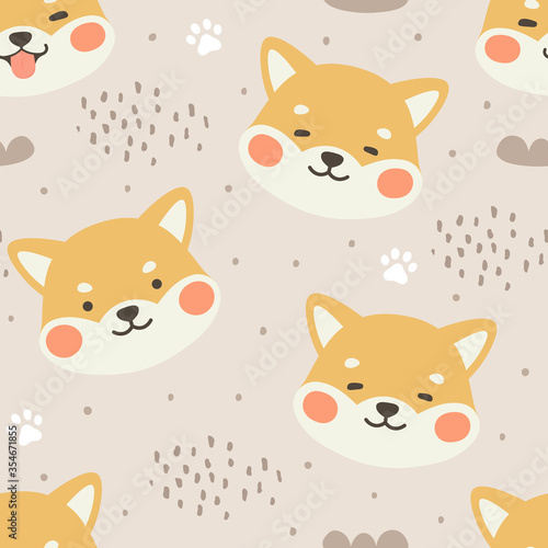 Dog Seamless Pattern Background, Happy shiba inu with dog paw and bone, Cartoon Shiba Dog Vector illustration, scandinavian wallpaper background