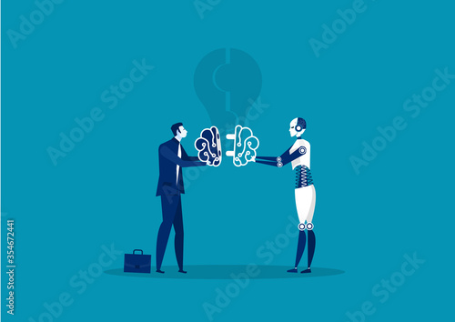 Businessmen and robot connect brain idea. Vector illustration