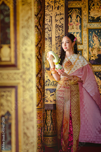 Thai girl in traditional thai costume, identity culture of Thailand.