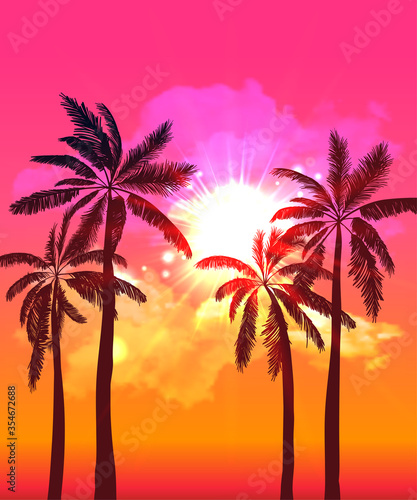 Palm silhouettes on summer sunset with beautiful sky background. Tropical sunset, summer paradise. Vector illustration. © nikelser