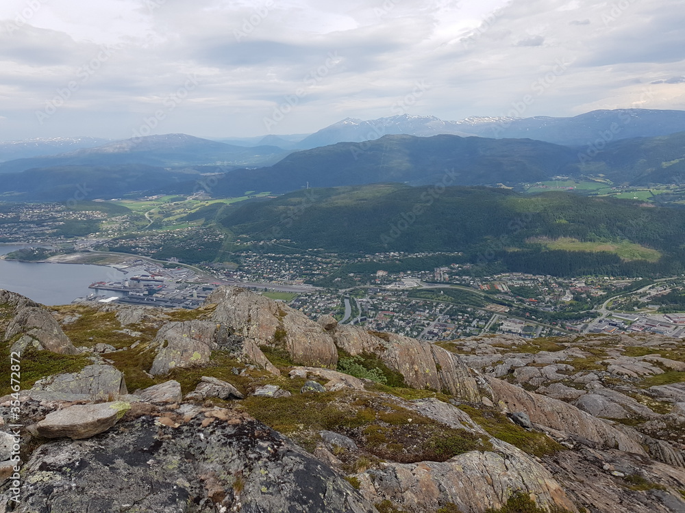 beautiful northern city of Mosjøen seen from the øyfjellet mountain in summer
