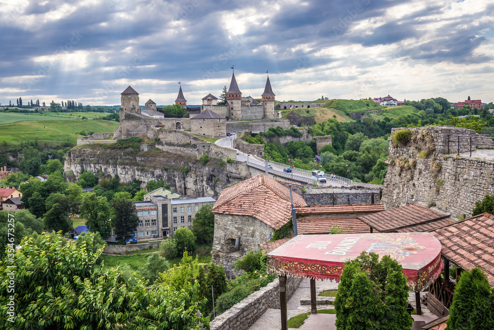 Aerial view with castle in historic part of Kamianets Podilskyi city, one of Seven Wonders of Ukraine
