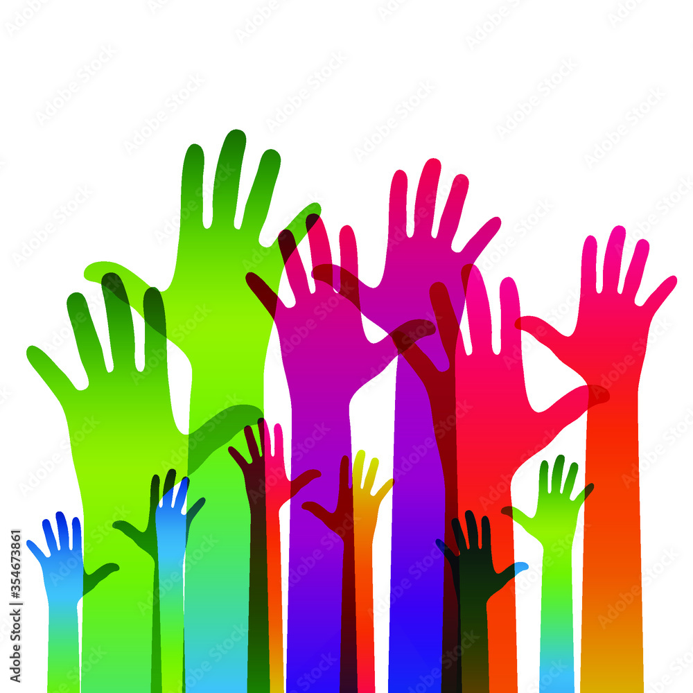 Hands on a light background. Colorful silhouettes arms. Vector team, help, friendship symbol illustration. Hands on a light background. Colorful silhouettes arms. Vector team, help, friendship symbol illustration.