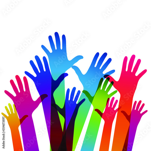 Hands on a light background. Colorful silhouettes arms.  Vector team, help, friendship symbol illustration.
