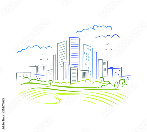 Abstract schematic urbanistic landscape as brush illustration style