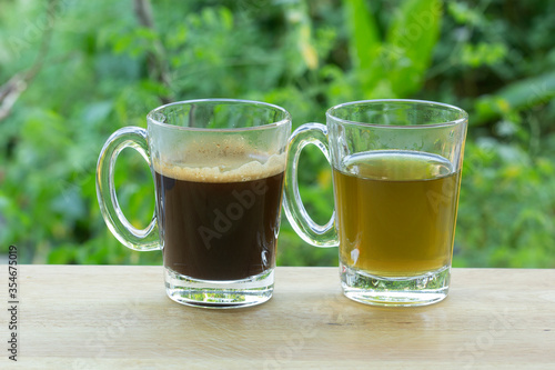 Thai Black Coffee and hot Tea on Wooden Bar