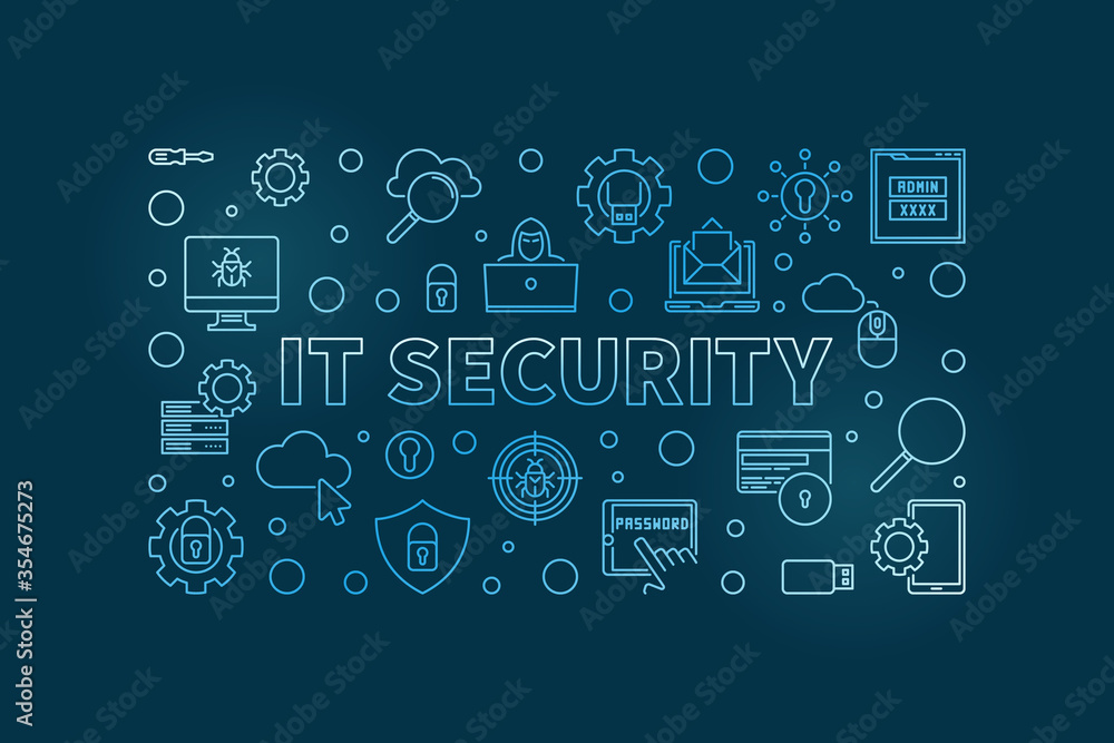 IT Security vector concept outline blue modern horizontal illustration or banner on dark background IT Security vector concept outline blue modern horizontal illustration or banner on dark background