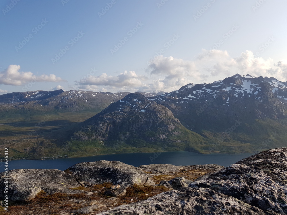 sunset in the mountain fjord valley in northern Norway sunset in the mountain fjord valley in northern Norway