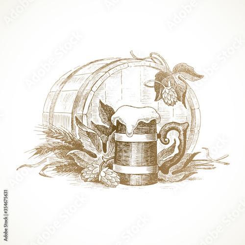 Hand drawn still life with hop, mug of beer and wheat. Vector illustration.