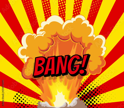 Cartoon explosion effect with smoke. Retro boom banner. Comic book explosion bang on sunbeam striped background