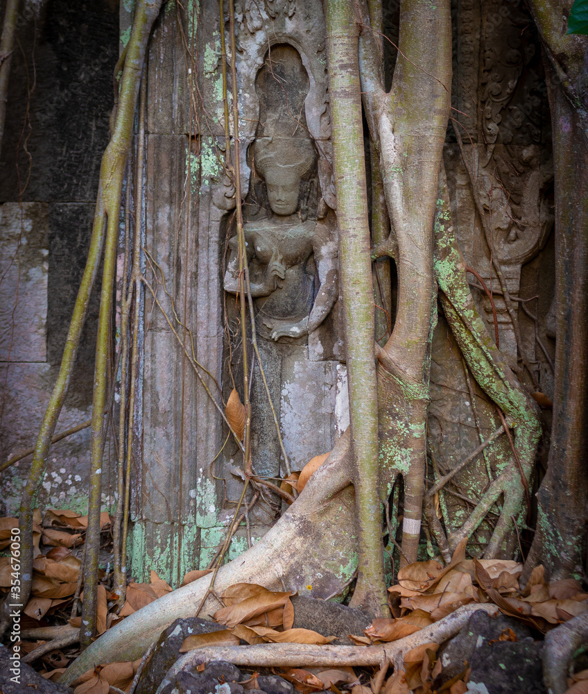 Historic bas-relief of Apsara Deva is ancient stone carving on the wall in Ta Prohm temple of Angkor Wat temple, Siem Reap, Cambodia. UNESCO World Heritage Site. Historic bas-relief of Apsara Deva is ancient stone carving on the wall in Ta Prohm temple of Angkor Wat temple, Siem Reap, Cambodia. UNESCO World Heritage Site.