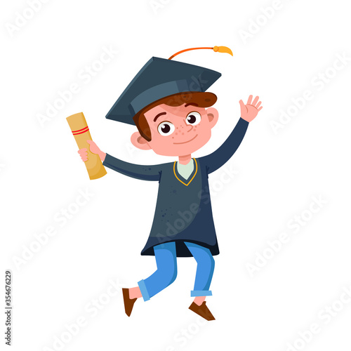 graduate boy with diploma jumping for joy vector illustration