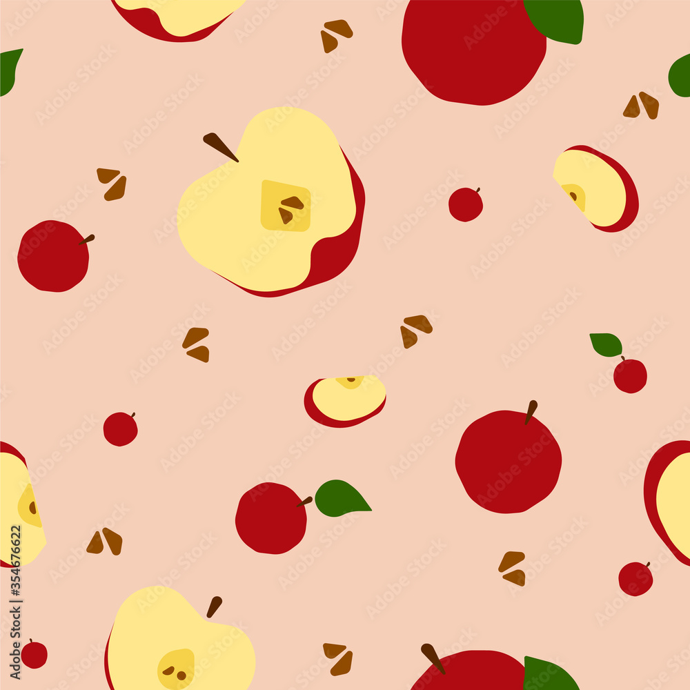 Bright Fruit pattern. Isolated Apples on a neutral pink background. Modern illustration with fresh fruits