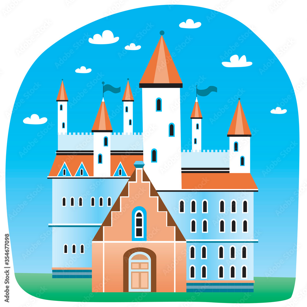 Medieval castle with white towers and red tiles, vintage flat vector stock illustration with retro architecture or building