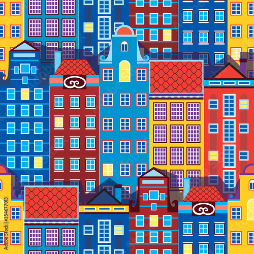 Seamless pattern with old european houses of amsterdam or great britain, color vector stock graphic with repeating pattern and architecture for print © Vikkymir Store