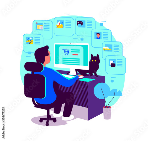 Young man at computer table order online with different internet services & shops concept. Food delivery, order taxi online, social communicating, home office, remote work. Vector flat illustration.