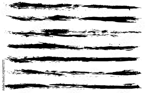 Set of black ink horizontal hand drawn brushes. Abstract isolated grunge lines, or stripes. Vector illustration. 