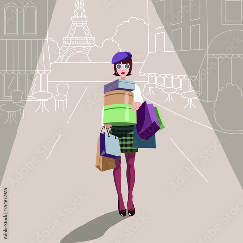 French woman in beret lifestyle shopping a lot of packages in her hands against the backdrop of the Eiffel tower