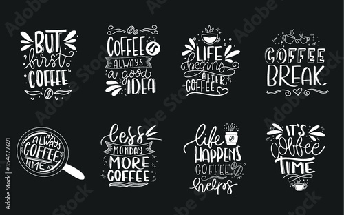 Set of coffee lettering typography designs. Hand drawn lettering phrase. Modern motivating calligraphy decor. Scrapbooking or journaling card with quote.