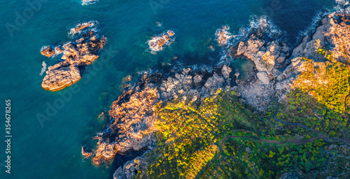 Straight-down view from flying drone of popular tourust destination - Pool Of Venus. Splendid summer scene of Milazzo peninsula, Sicily, Italy, Europe. Beauty of nature concept background.