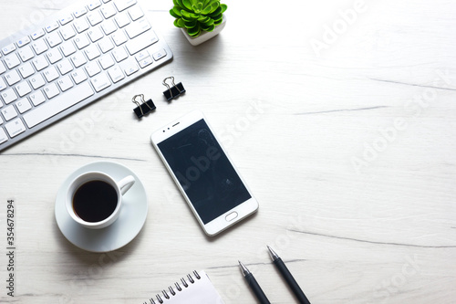 Office desk table with supplies. Flat lay Business workplace and objects. Top view. Copy space for text photo