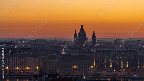 Budapest skyline of St. Stephen s Basilica before sunrise in winter
