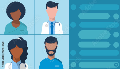 video conference, webinar to doctors and nurses, medical service, social distancing. 