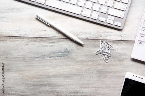 Office desk table with supplies. Flat lay Business workplace and objects. Top view. Copy space for text photo