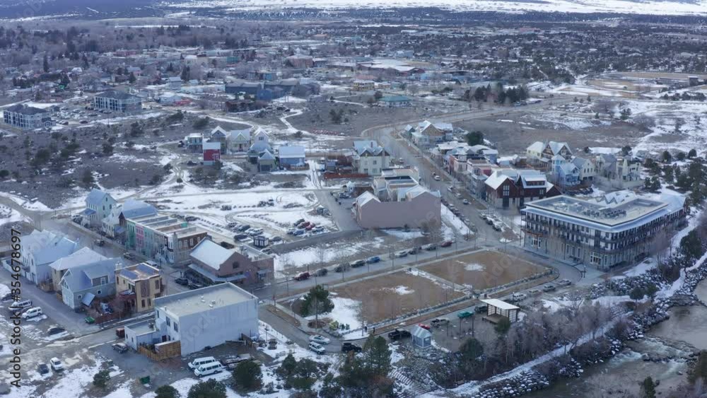 Aerial birdseye view of Buena Vista with snow in winter season, Colorado Aerial birdseye view of Buena Vista with snow in winter season, Colorado